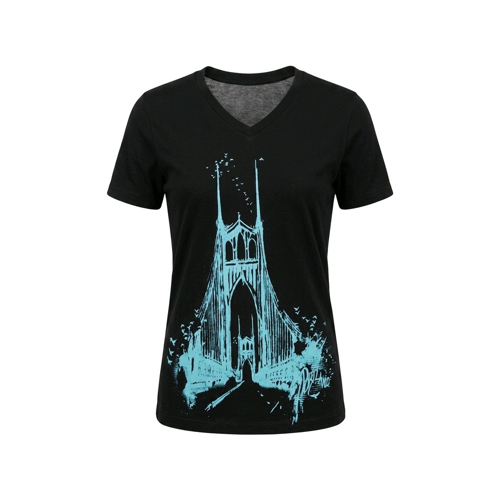 Tultex Portland St Johns Bridge Graphic V-Neck Tee Black Turquoise XS